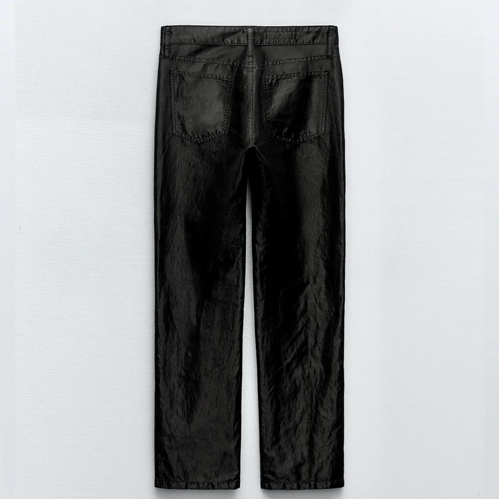 Zara NWT satin effect shiny black mid waist straight leg pants